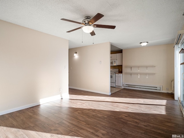 unfurnished living room with hardwood / wood-style floors, a textured ceiling, baseboard heating, and ceiling fan