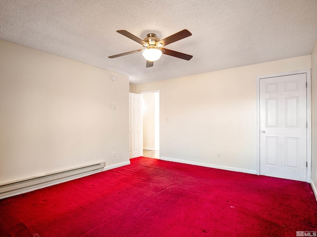 carpeted empty room featuring baseboard heating, ceiling fan, and a textured ceiling