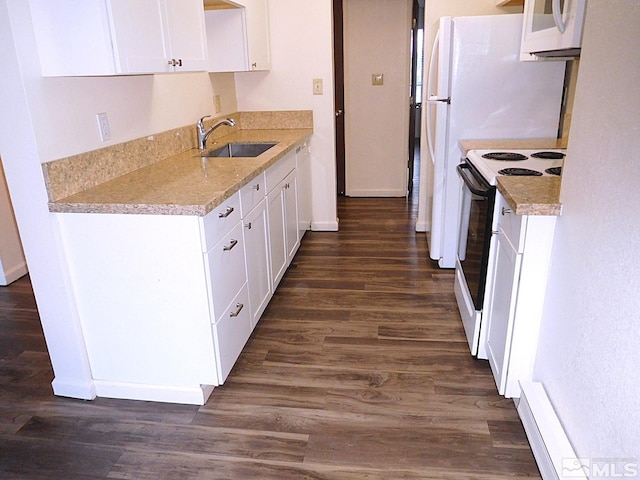 kitchen featuring white appliances, dark wood-type flooring, white cabinets, sink, and light stone countertops