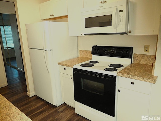 kitchen featuring white cabinetry, dark hardwood / wood-style flooring, and white appliances