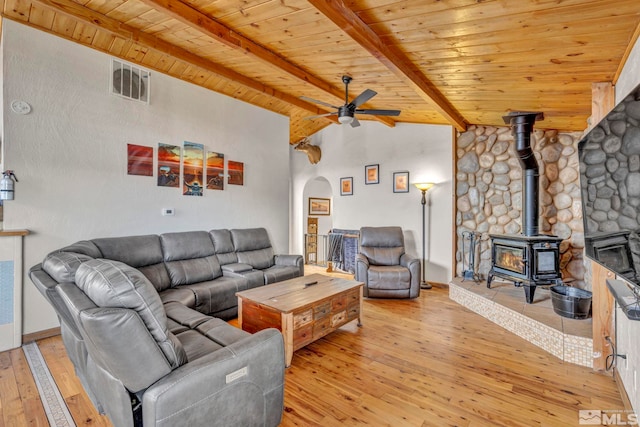 living room with vaulted ceiling with beams, light wood-type flooring, a wood stove, and wood ceiling