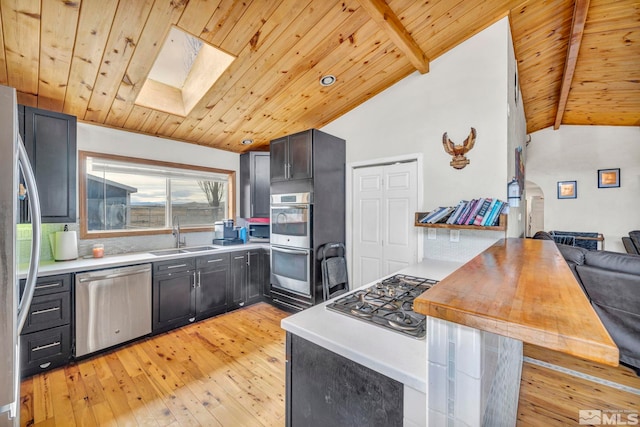 kitchen with a skylight, sink, stainless steel appliances, light hardwood / wood-style floors, and wood ceiling