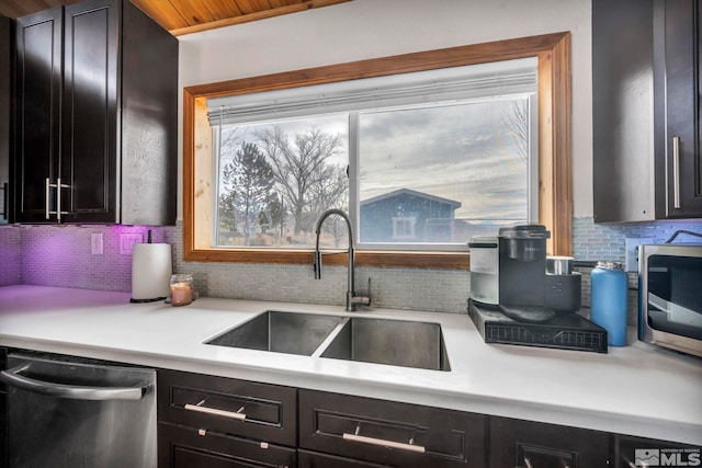 kitchen featuring sink, wood ceiling, stainless steel appliances, and tasteful backsplash