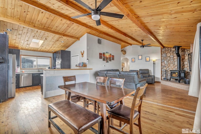 dining room with a wood stove, wooden ceiling, vaulted ceiling with skylight, ceiling fan, and light wood-type flooring