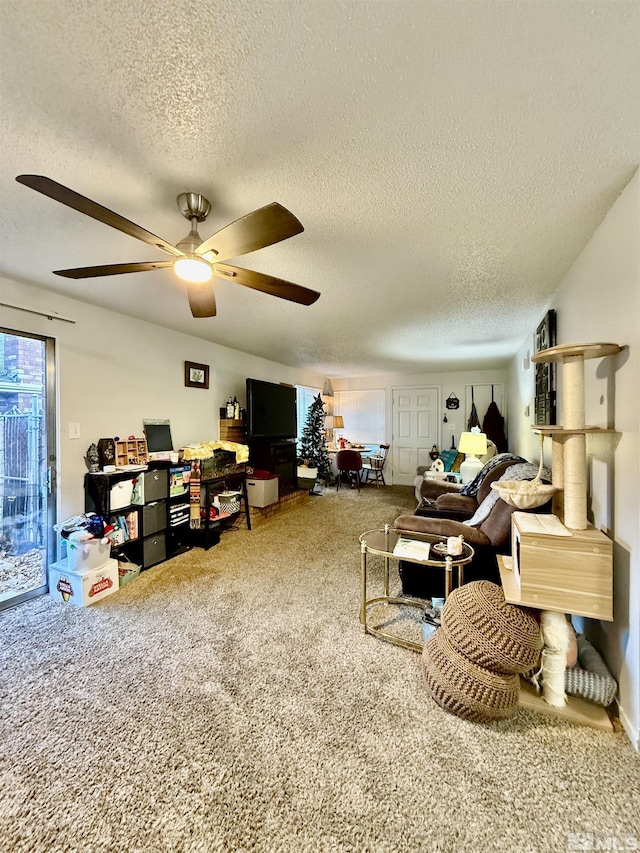 interior space featuring ceiling fan and a textured ceiling