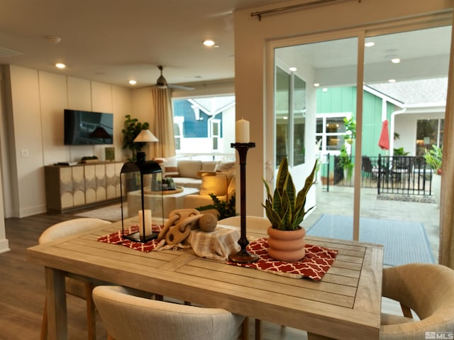 dining room featuring recessed lighting, ceiling fan, and wood finished floors