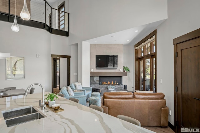 living room featuring a large fireplace, wood-type flooring, sink, and a high ceiling