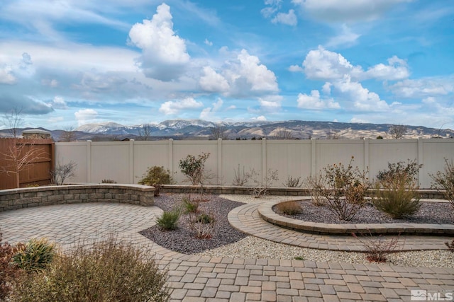 view of yard featuring a patio area and a mountain view