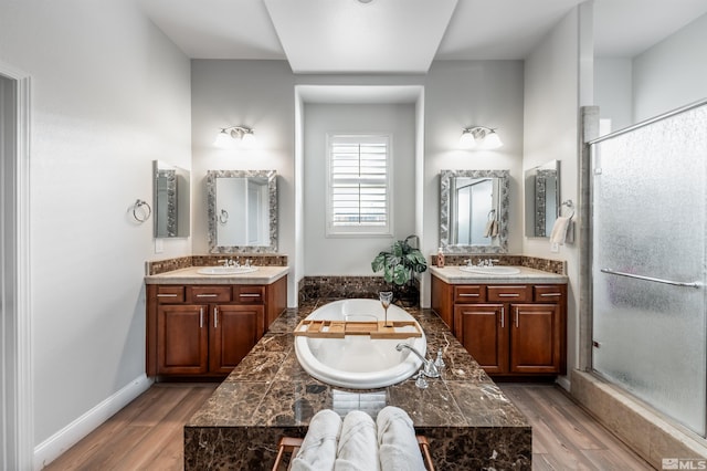 bathroom featuring hardwood / wood-style floors, vanity, and independent shower and bath