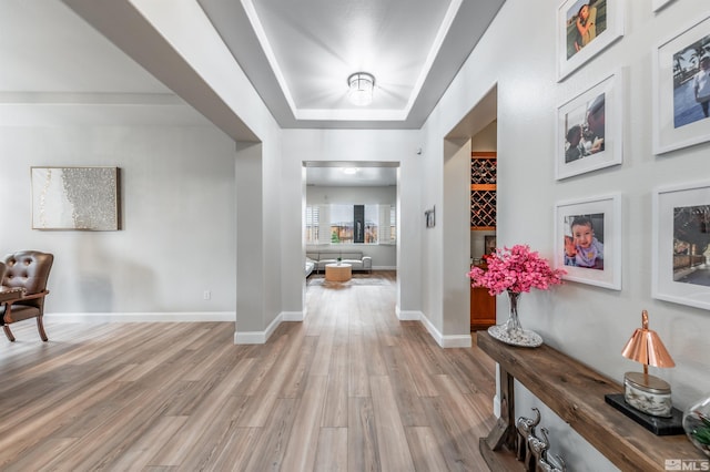 foyer entrance featuring a tray ceiling and light hardwood / wood-style flooring