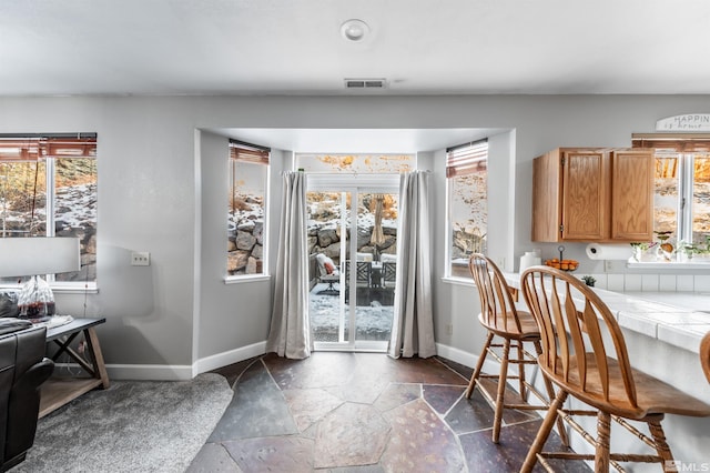 dining space featuring stone tile flooring, visible vents, and baseboards