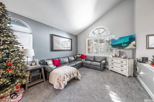 carpeted living area featuring high vaulted ceiling and baseboards