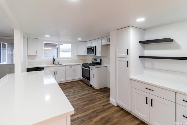 kitchen featuring sink, light stone countertops, dark hardwood / wood-style flooring, white cabinetry, and stainless steel appliances