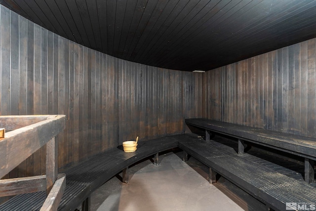 view of sauna with concrete flooring