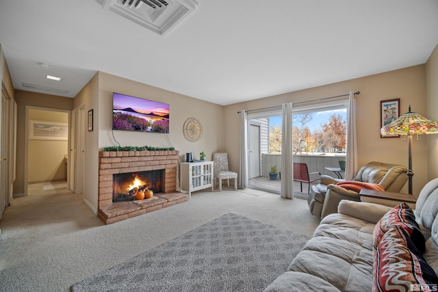 living room with light colored carpet and a brick fireplace