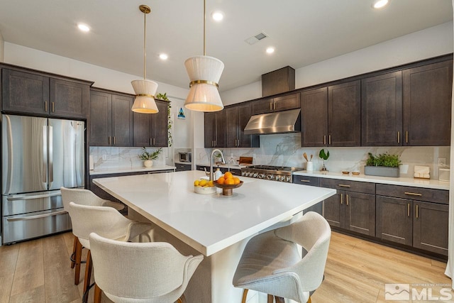 kitchen with a center island with sink, light hardwood / wood-style flooring, tasteful backsplash, decorative light fixtures, and stainless steel appliances