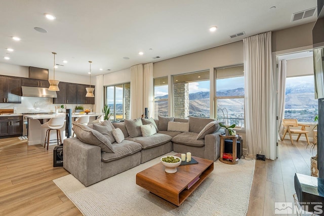 living room with a mountain view, light hardwood / wood-style flooring, and plenty of natural light