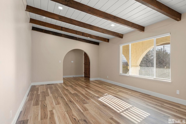 unfurnished living room with lofted ceiling with beams, light hardwood / wood-style floors, and wooden ceiling