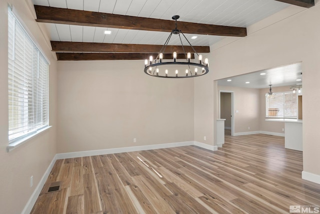 interior space with light hardwood / wood-style floors, beam ceiling, and a wealth of natural light