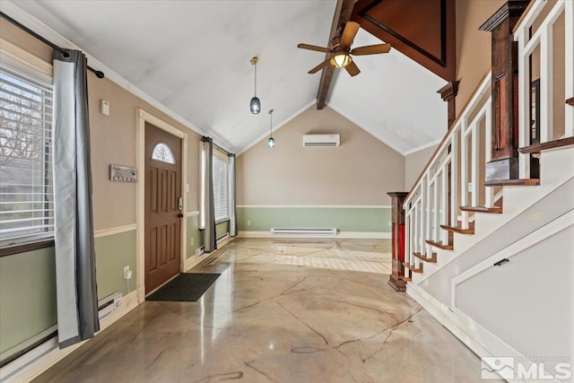 foyer with a wall mounted AC, lofted ceiling with beams, ceiling fan, a baseboard radiator, and concrete flooring