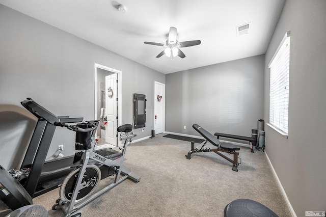 workout area featuring carpet flooring and ceiling fan