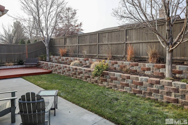 view of yard featuring a wooden deck and a patio area