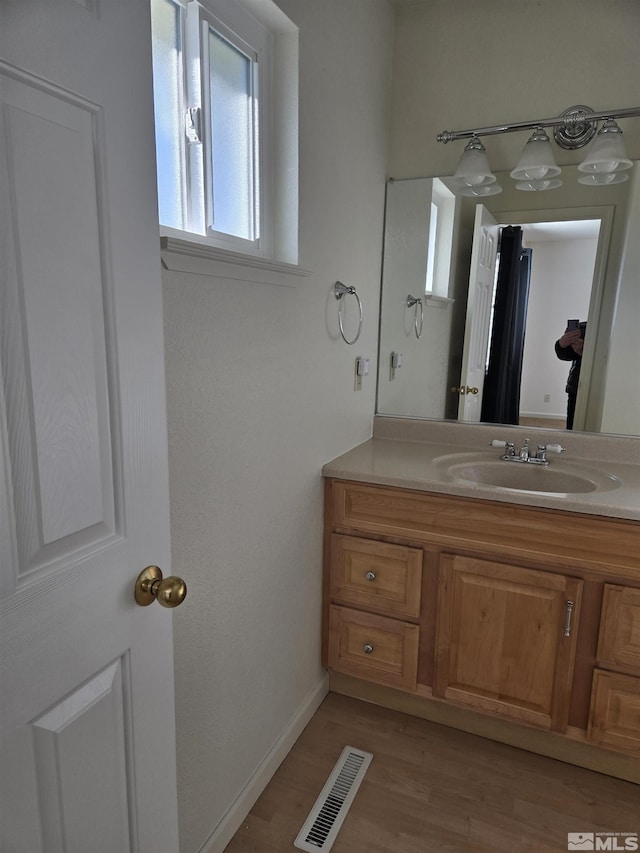 bathroom with wood finished floors, vanity, visible vents, and baseboards