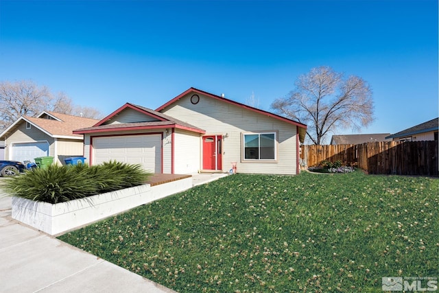 ranch-style house featuring a garage and a front lawn