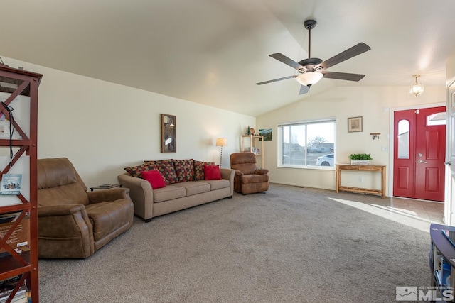 living room with carpet, ceiling fan, and vaulted ceiling