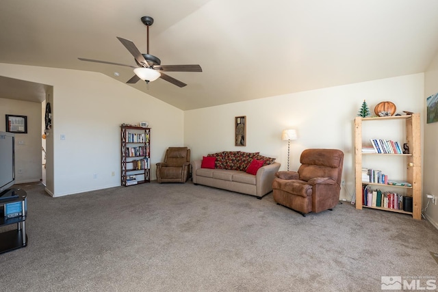 living room featuring carpet flooring, ceiling fan, and lofted ceiling