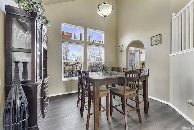 dining space with dark hardwood / wood-style flooring and a high ceiling