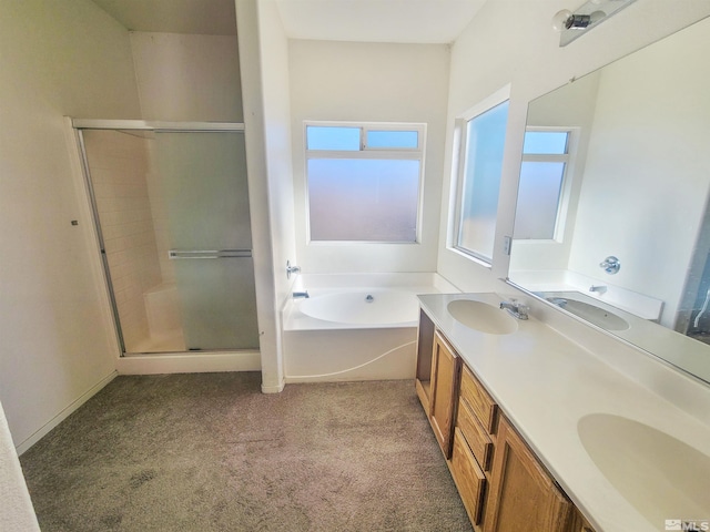 bathroom featuring plus walk in shower and vanity