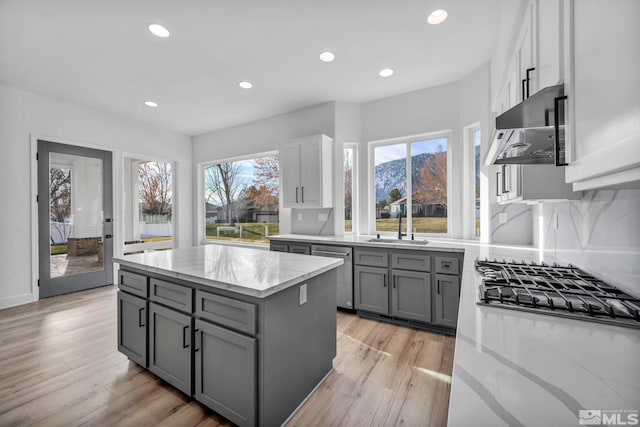 kitchen with light wood-type flooring, stainless steel dishwasher, gray cabinetry, a center island, and range hood