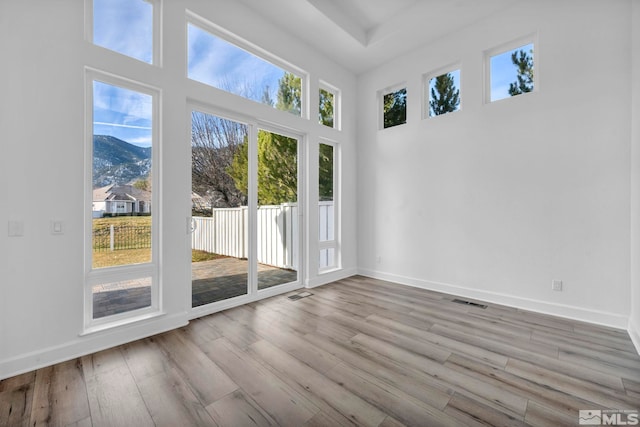 interior space with a mountain view, a high ceiling, and light hardwood / wood-style flooring