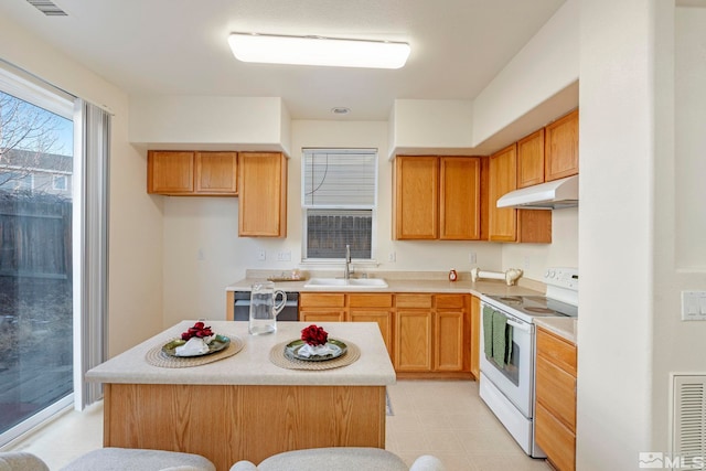 kitchen featuring electric range, a center island, stainless steel dishwasher, and sink