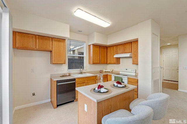 kitchen featuring white electric range oven, a center island, stainless steel dishwasher, and sink