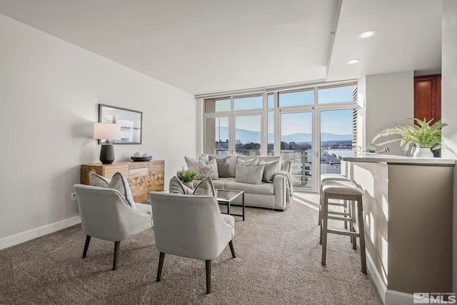 carpeted living room with a mountain view