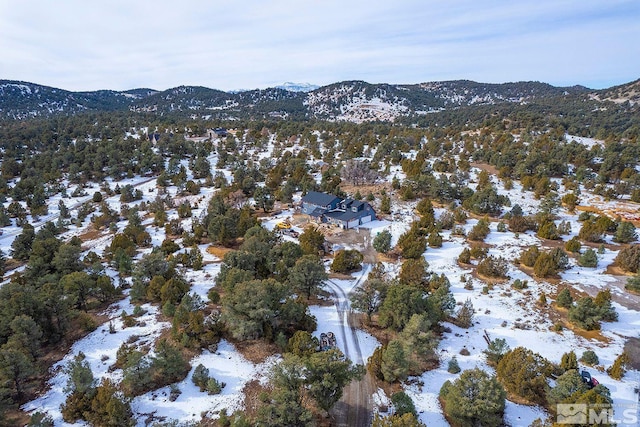 snowy aerial view featuring a mountain view