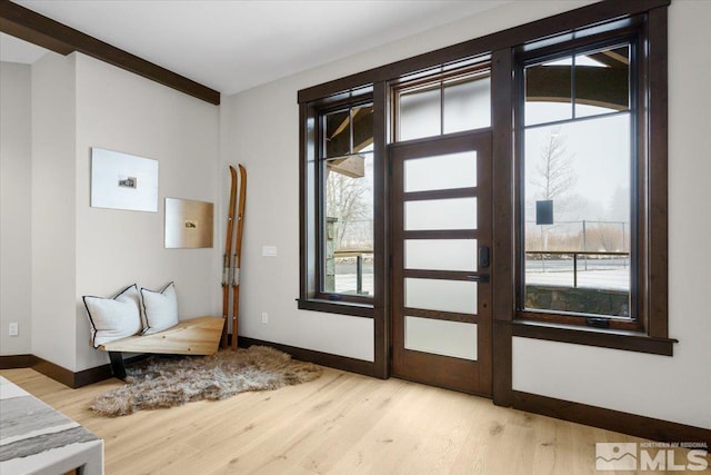 doorway to outside with light hardwood / wood-style flooring and a healthy amount of sunlight