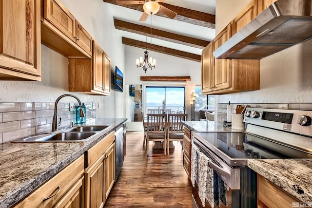 kitchen with dark hardwood / wood-style flooring, ventilation hood, stainless steel appliances, sink, and vaulted ceiling with beams