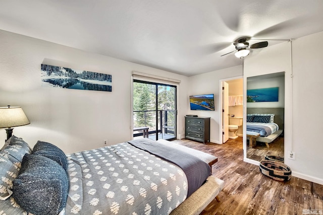 bedroom featuring access to exterior, wood-type flooring, connected bathroom, and ceiling fan