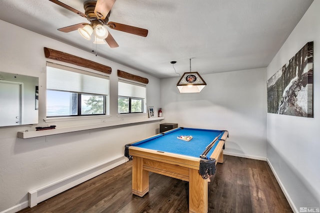 recreation room with hardwood / wood-style floors, ceiling fan, baseboard heating, and pool table