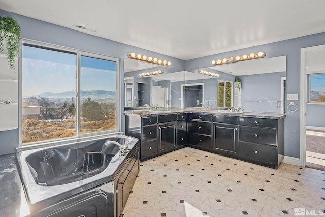 bathroom with a mountain view, vanity, and a healthy amount of sunlight