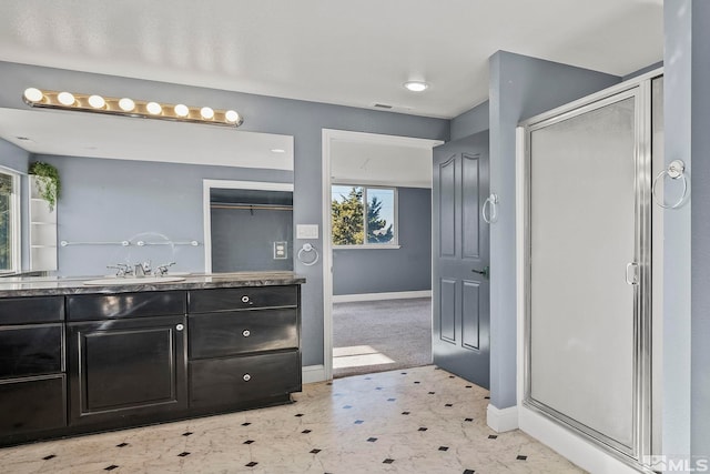 bathroom with vanity and a shower with shower door