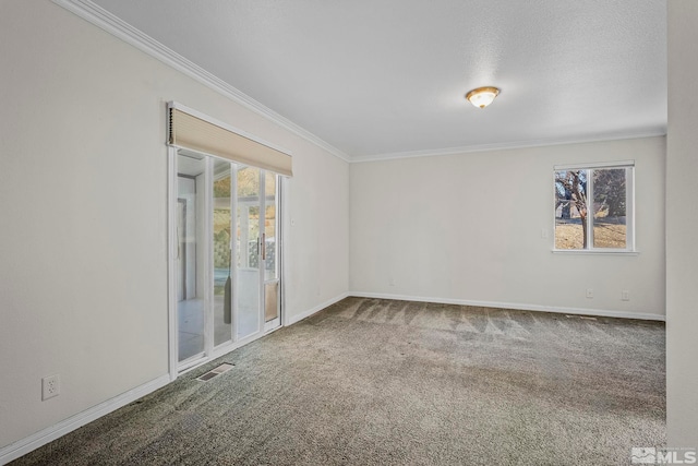 carpeted spare room featuring a textured ceiling, plenty of natural light, and crown molding