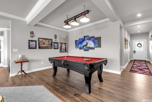 playroom featuring hardwood / wood-style floors, beamed ceiling, ornamental molding, and billiards