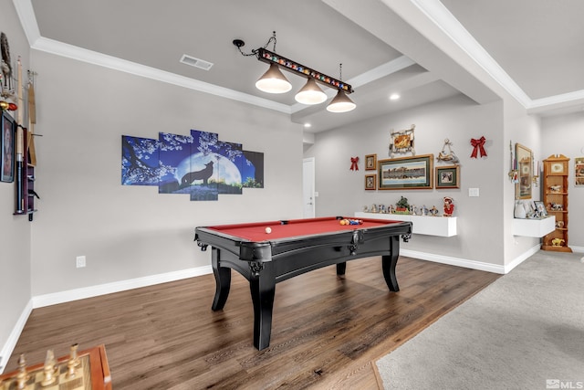 recreation room with wood-type flooring, crown molding, and pool table