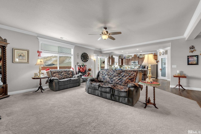 living room with wood-type flooring, a textured ceiling, ceiling fan, and ornamental molding