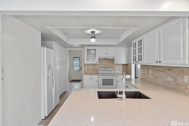 kitchen with a tray ceiling, white cabinetry, wood-type flooring, and white appliances