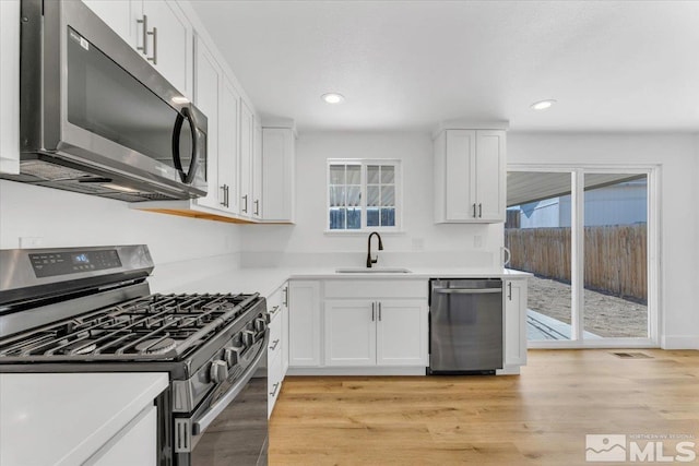 kitchen featuring white cabinetry, sink, stainless steel appliances, and light wood-type flooring